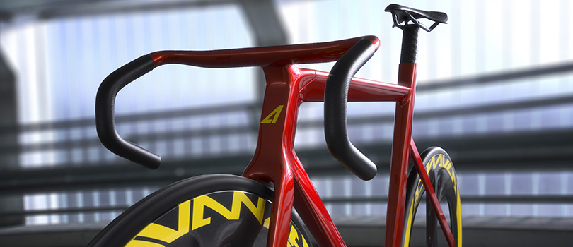 A 3D-rendering of a sleek, bright red bicycle.