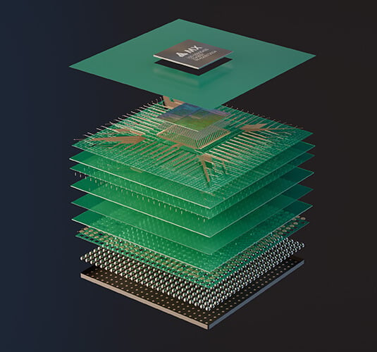 A computer chip in a stack