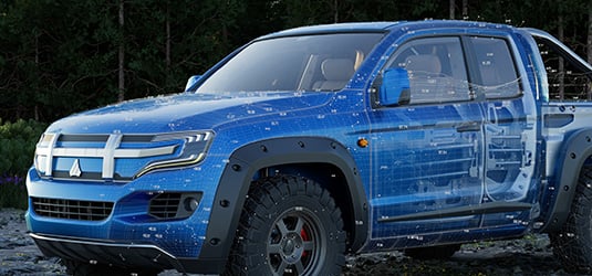 Digital rendering of a blue pickup truck with cutaway layers of data points and inner parts.