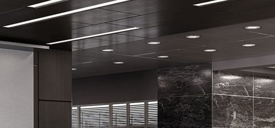 Cropped image showing the overhead lighting of a commercial building.