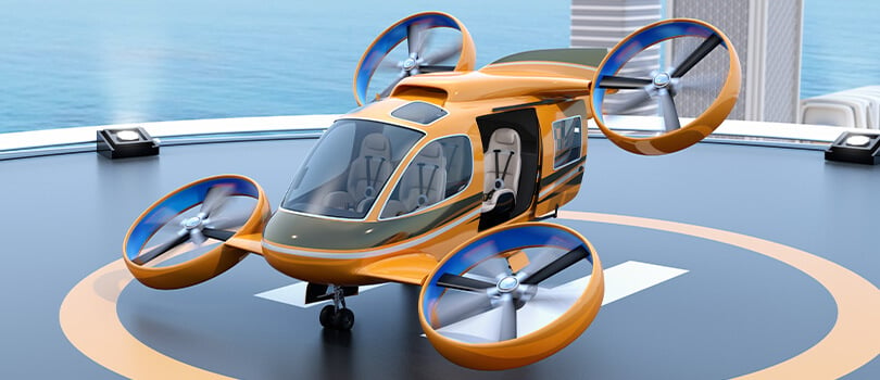3D simulation of an orange electric drone taxi takeoff from helipad on a skyscraper roof.