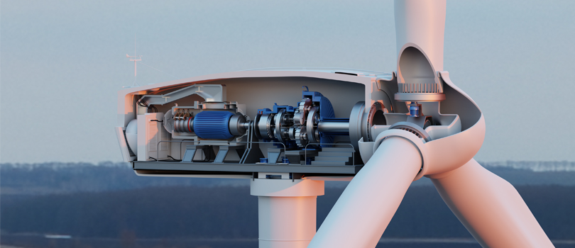 3D simulation of a wind turbine with cut out showing the drive train configuration, with trees in the distance.