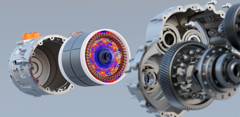 3D simulation of vehicle electrification showing the stator core, rotor core and windings in an electric motor.
