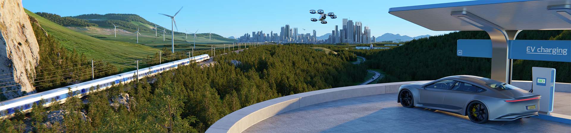 3D simulation of transportation electrification showing an ev car parked at a charging station with an electric train, wind turbines, drone, and city in the distance.