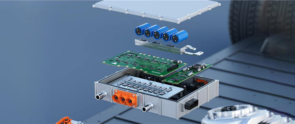3D simulation of an expanded power inverter for an electric vehicle showing the different components.