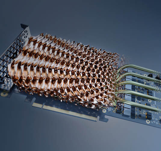 A computer graphics card featuring numerous copper wires, symbolizing speed and advanced simulation technology.