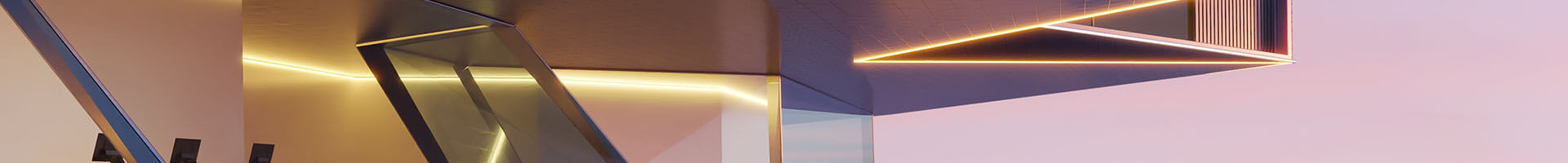 A modern building featuring a curved roof and illuminated walkway, showcasing a digital architectural facade.