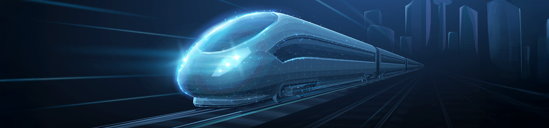 Fast express passenger train on high-speed intercity railway moving from city. 3D abstract railroad travel concept.