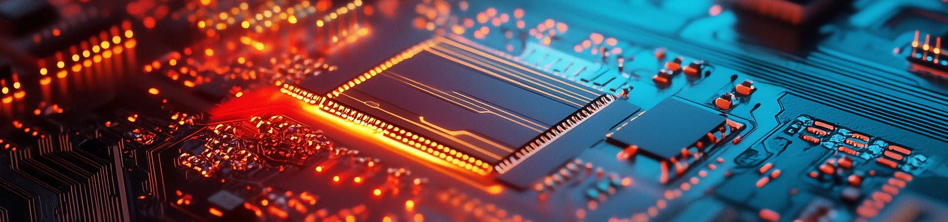 Semiconductor functional simulation 3D rending depicting red systemverilog circuit signals positioned on a blue pcb.