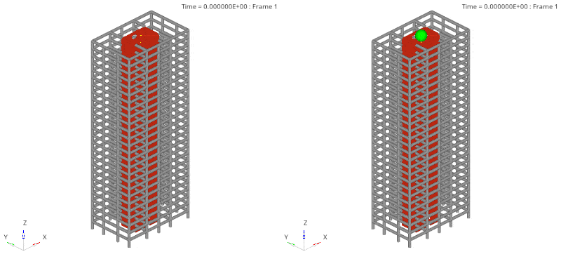Animation of transient response analysis results (left) without tuned mass damper; With tuned mass damper (right)