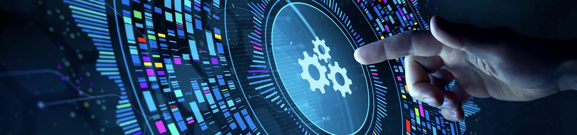 Hand with finger reaching toward a modern screen with gears and colorful segments representing HPC and cloud reporting.
