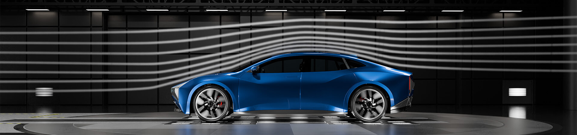 A 3D-rendered car in a wind tunnel testing room, with flow streams passing over the car.