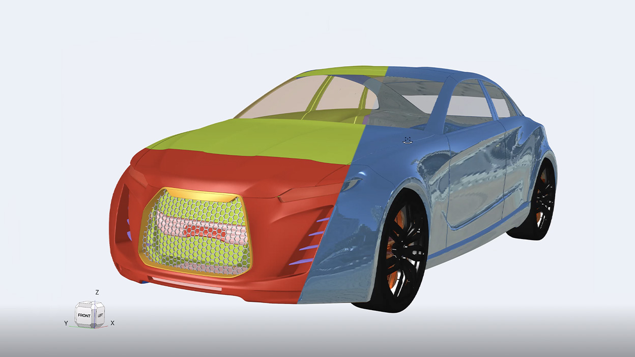 In HyperView, a car model is split-view with one side rendered traditionally and the other using photorealistic techniques.