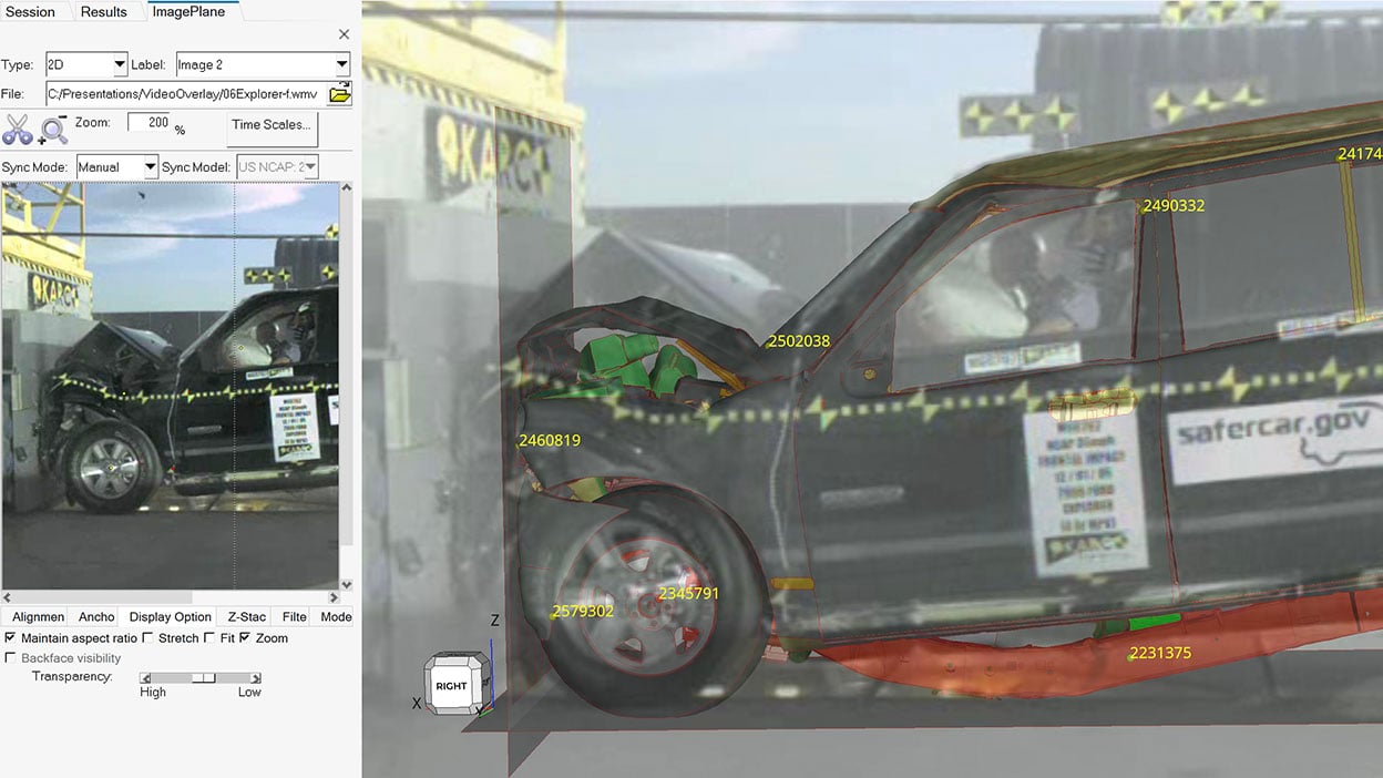 n HyperView, car crash simulation results and test videos are overlaid  using Video Overlay tool, vividly depicting the impact against a wall.