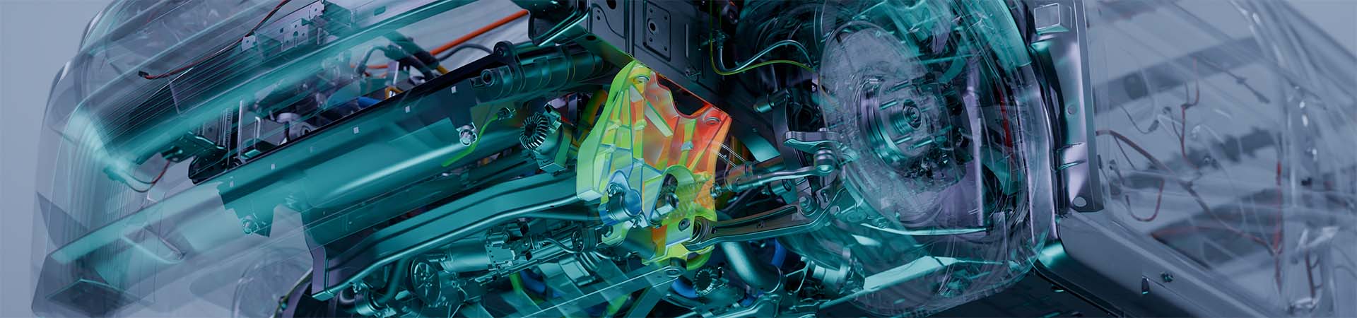 A rendering of a cast metal part with stiffeners placed within the chassis of a vehicle.