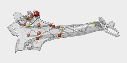 Thickness analysis of a high pressure die cast (HPDC) part pinpoints potential defect zones before production.