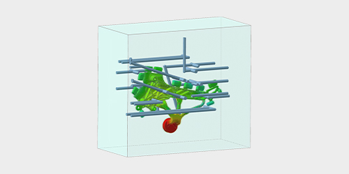Cast metal part inside mold showing cooling and cycle analysis to predicted defects.