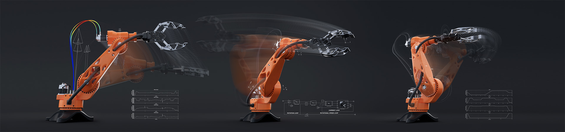 3D rendering of a robot arm showing Altair's multibody simulation process: Model, Simulate, Review, and Improve.