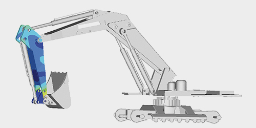 3D model employing virtual prototyping to depict the stress analysis on an actively moving excavator arm.