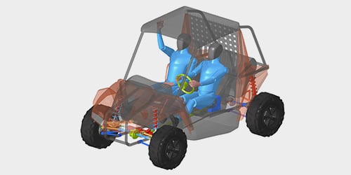 3D model of a utility terrain vehicle optimized using parametric modeling software and showcasing system optimization.