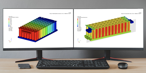 Multiphysics electro-thermomechanical simulations assess the electric potential and thermal map of this battery assembly.