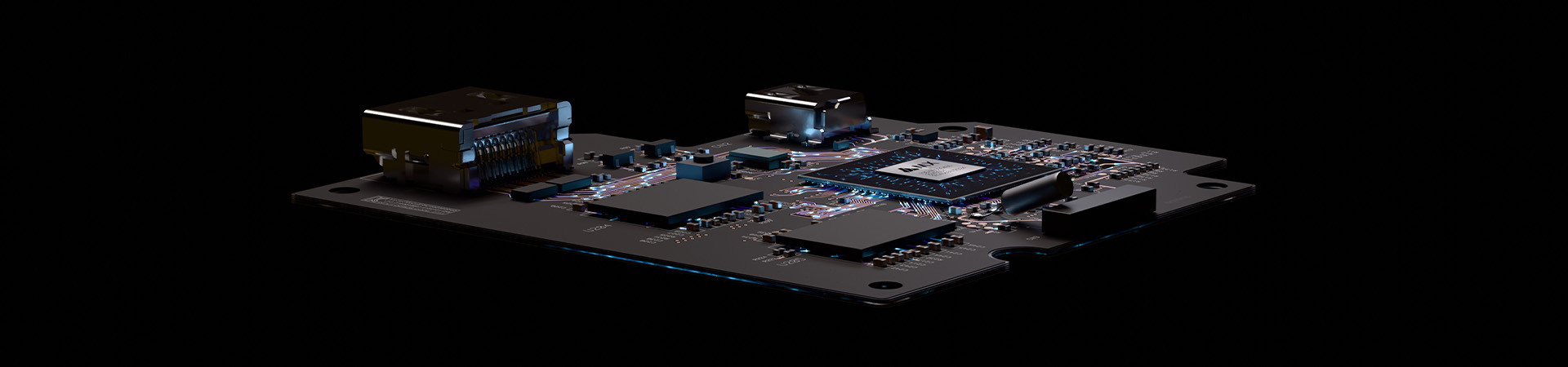 Printed circuit board 3D rendering representing an electronic circuit board simulation against a black background.