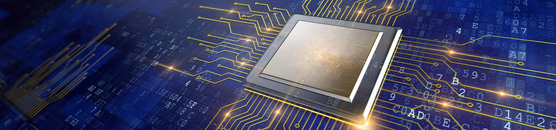 Stylized integrated circuit design on top of blue printed circuit board (PCB).