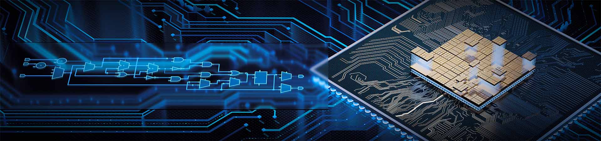 Stylized representation of silicon debugging software schematics overlaying a 3D IC with copper traces atop a dark blue PCB.