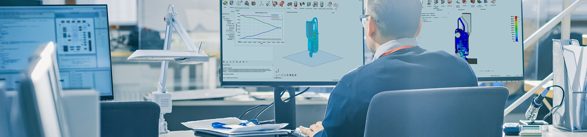 Engineer working in SimLab to perform drop testing simulations.