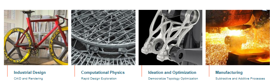 A collage of four images: A cycle featuring industrial design; a close-up of an element showcasing computational physics; a simulation-driven design of a machine part; and A process defining manufacturability.